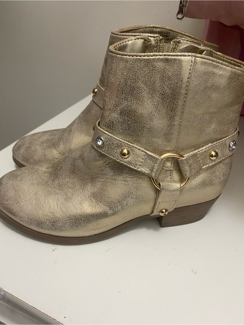 Little girls Jessica Simpson Metallic Gold Ankle Boots with Decorative Harness